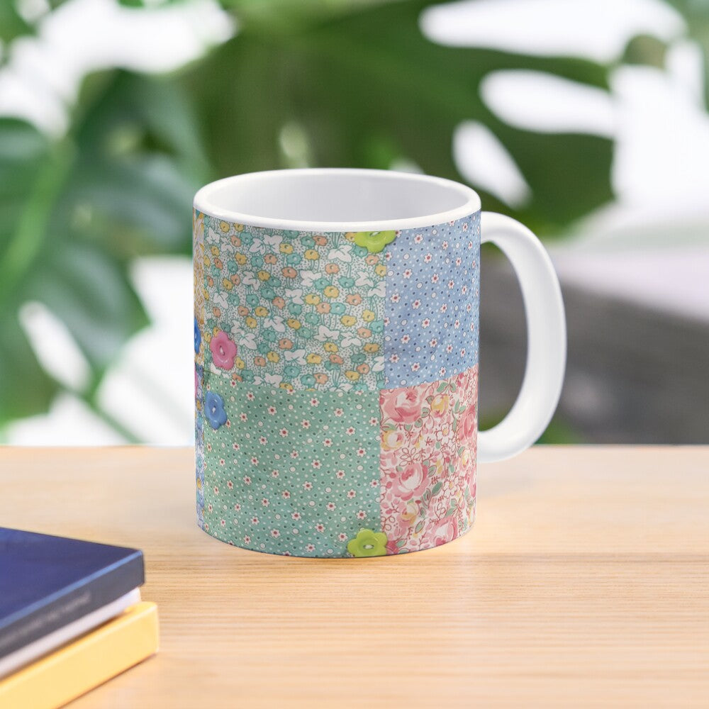 Patchwork Print Mug - Pastel Floral and Buttons