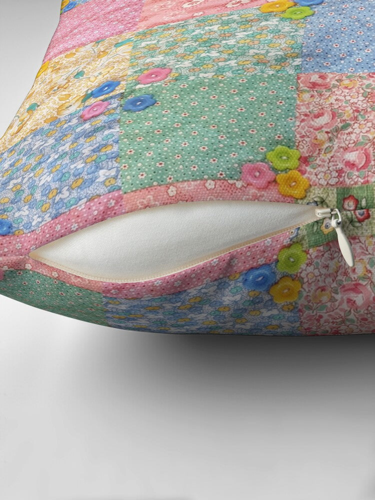 Cushion/Pillow with Printed Artwork - Pastel Patchwork with Buttons