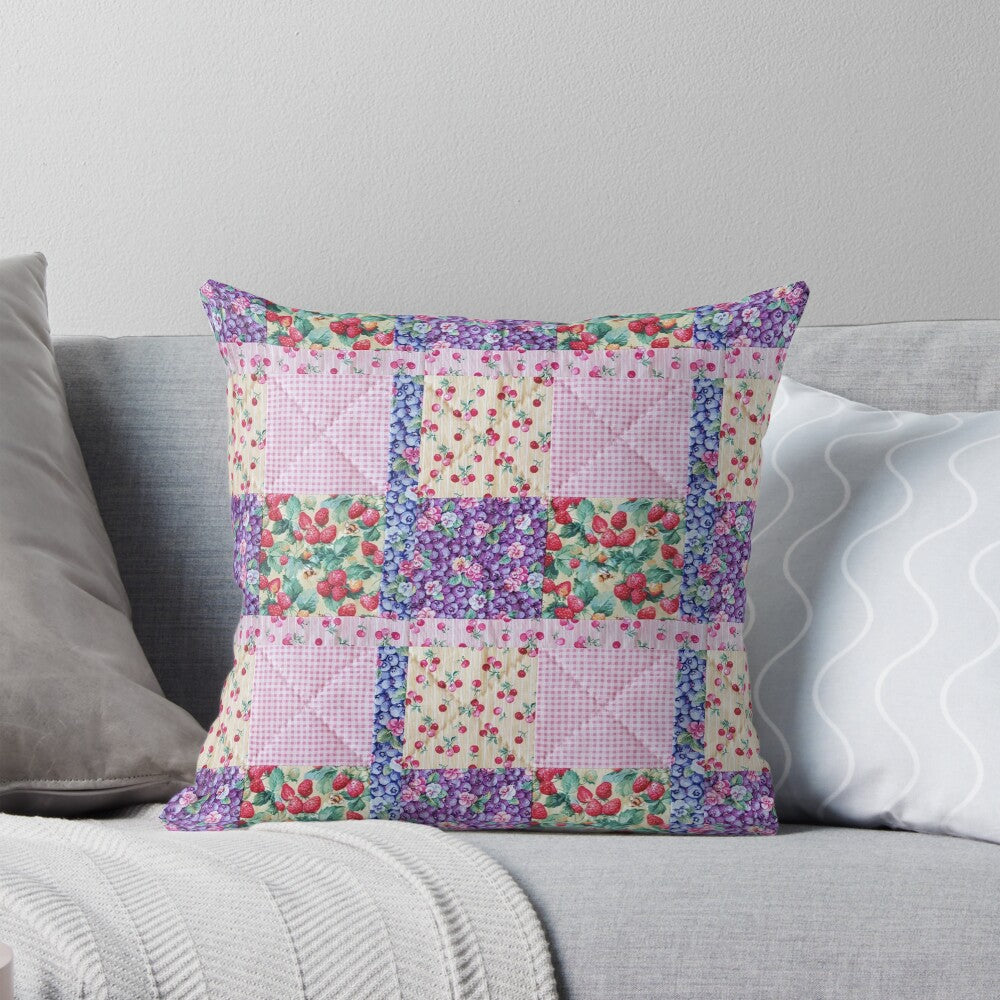 Cushion/Pillow with Printed Artwork - Berries and Strawberries Patchwork