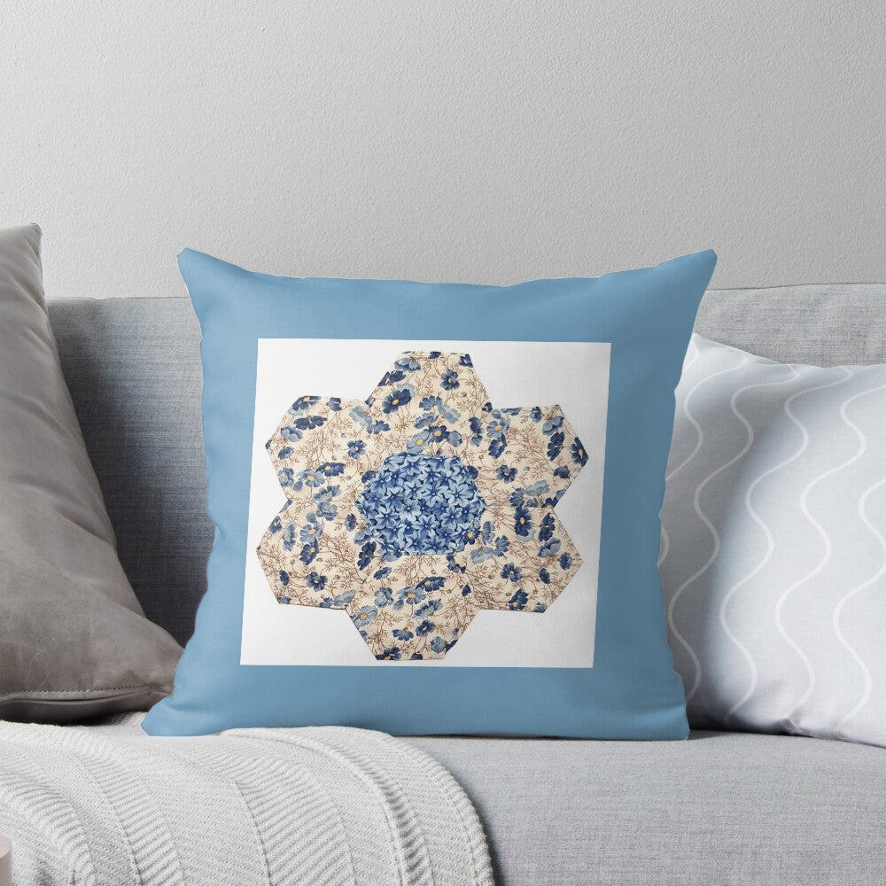 Cushion/Pillow with Printed Artwork - Blue Patchwork Hexagon Flower