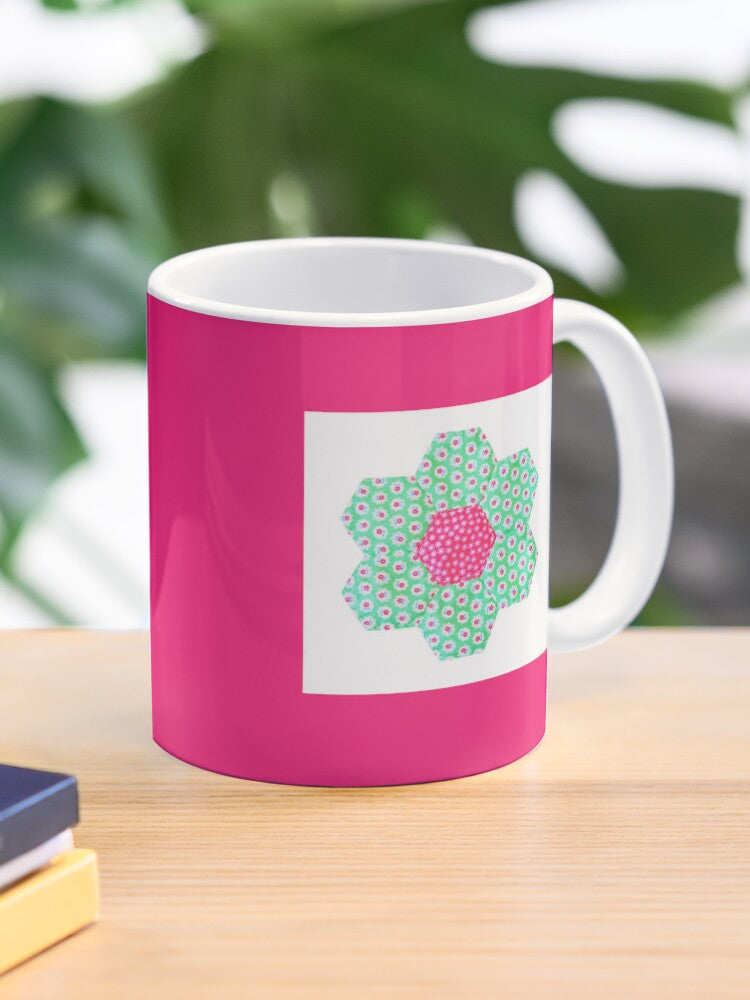 Patchwork Print Mug - Pink with Green Hexagon Flower Motif