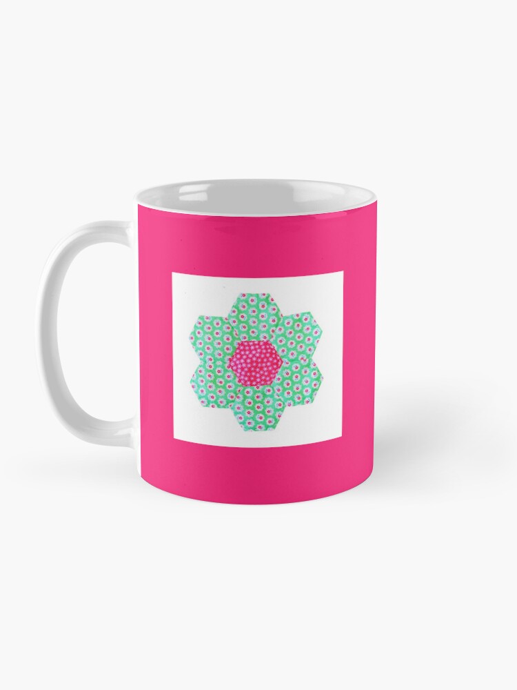 Patchwork Print Mug - Pink with Green Hexagon Flower Motif