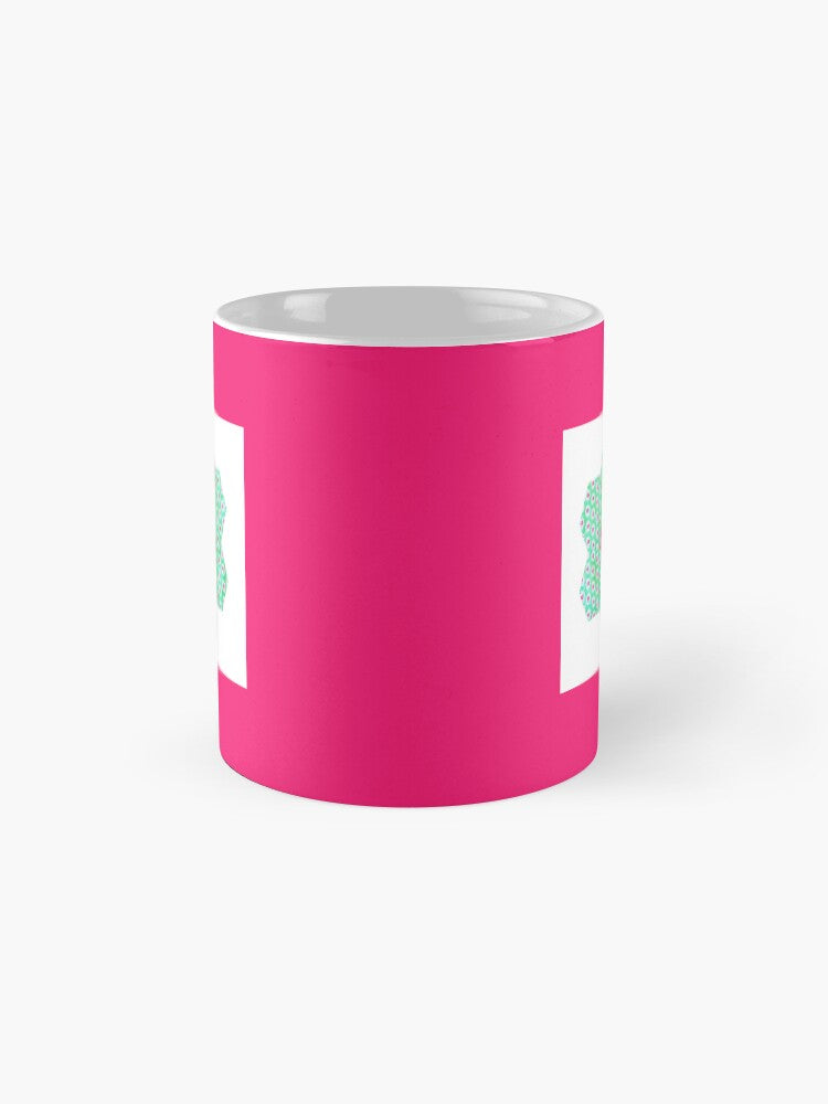 Patchwork Print Mug - Pink with Green Hexagon Flower Motif