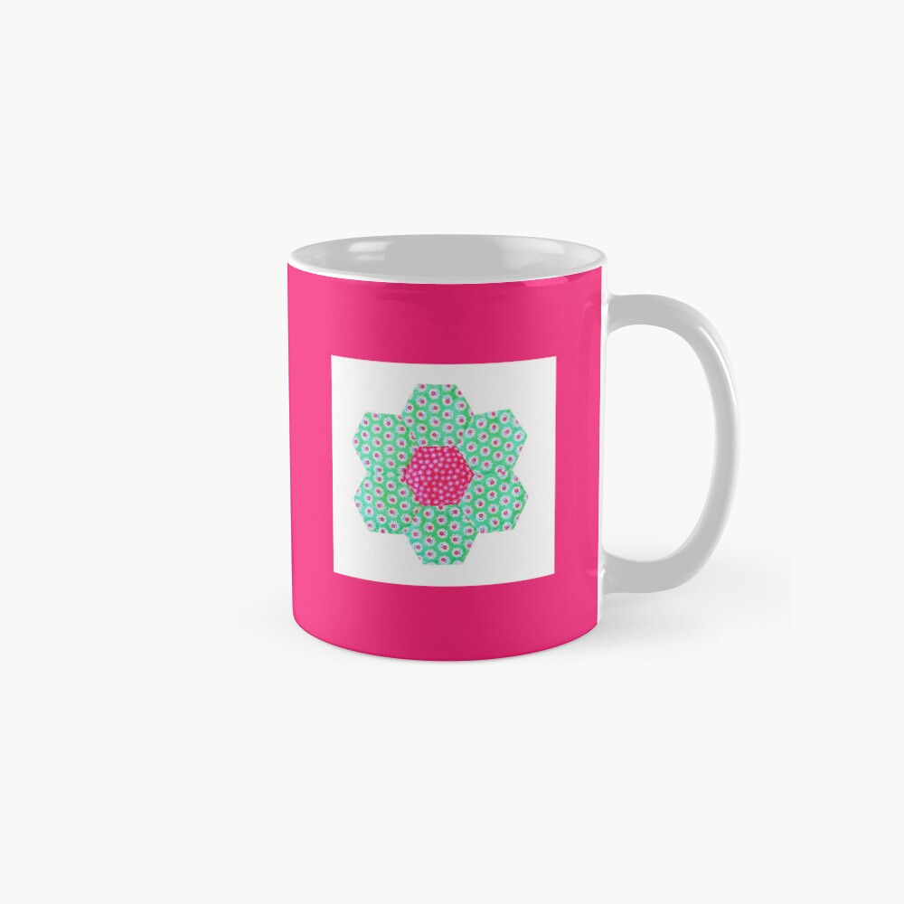 Patchwork Print Mug - Pink with Green Hexagon Flower Motif