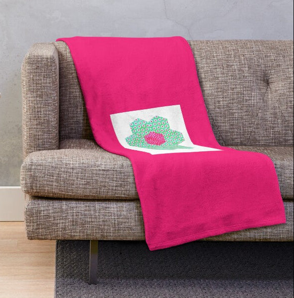 Throw Blanket - Pink with Green Hexagon Flower Motif - 152 x 127 cm