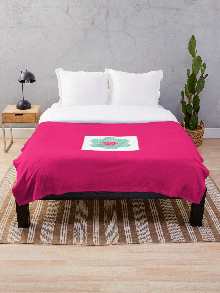 Throw Blanket - Pink with Green Hexagon Flower Motif - 152 x 127 cm