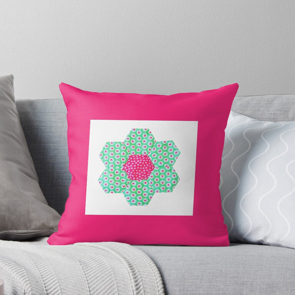 Cushion/Pillow Printed Pink with Green Hexagon Flower Motif