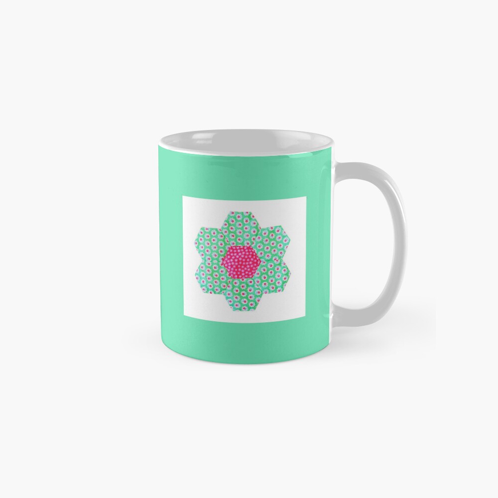 Patchwork Print Mug - Green with Green Hexagon Flower Motif