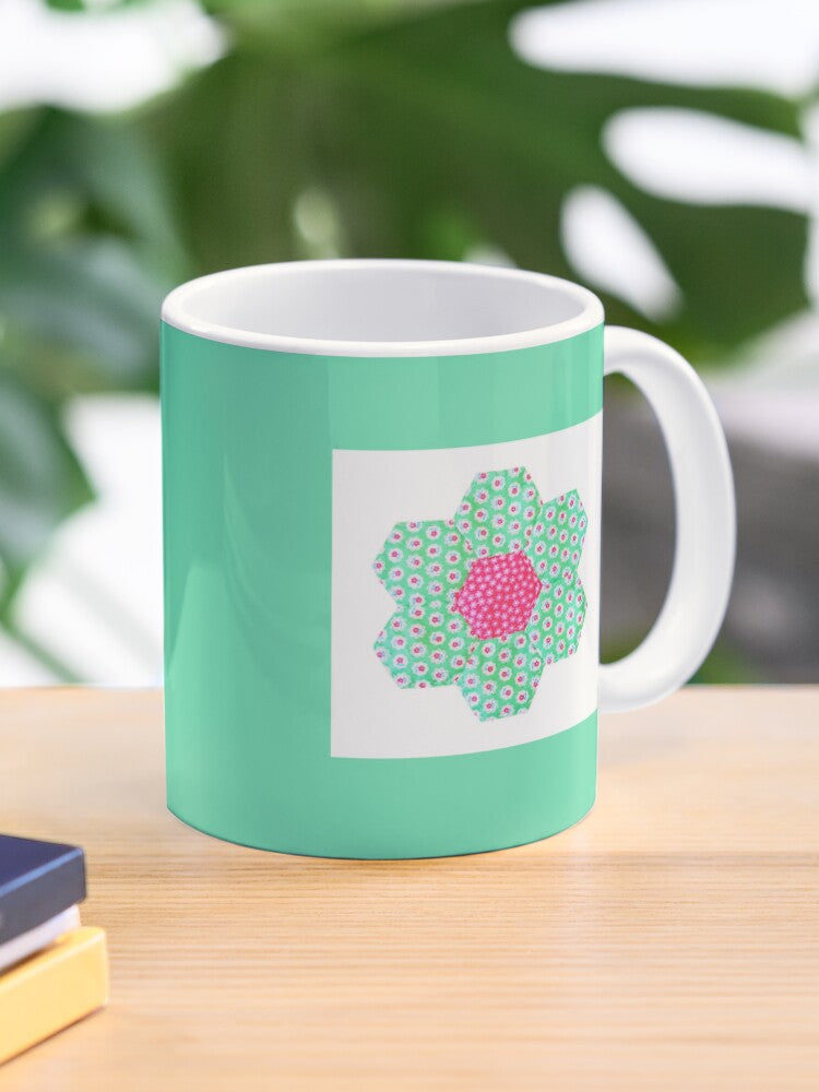 Patchwork Print Mug - Green with Green Hexagon Flower Motif