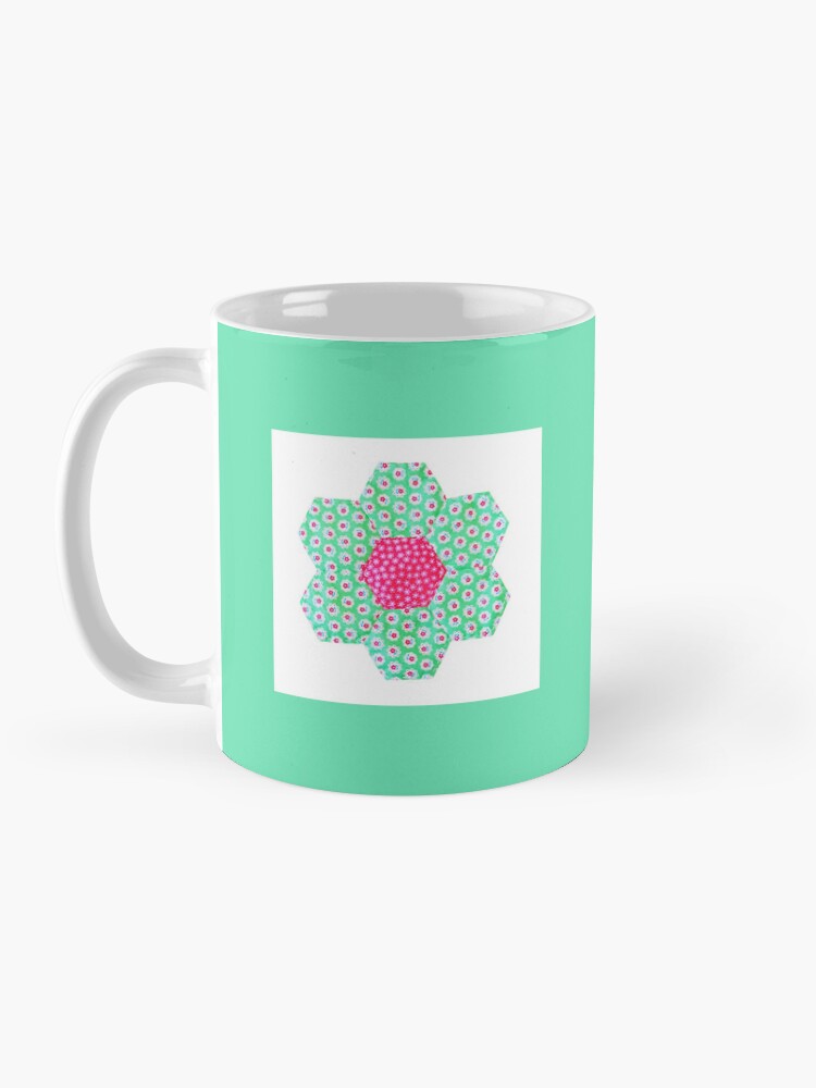 Patchwork Print Mug - Green with Green Hexagon Flower Motif