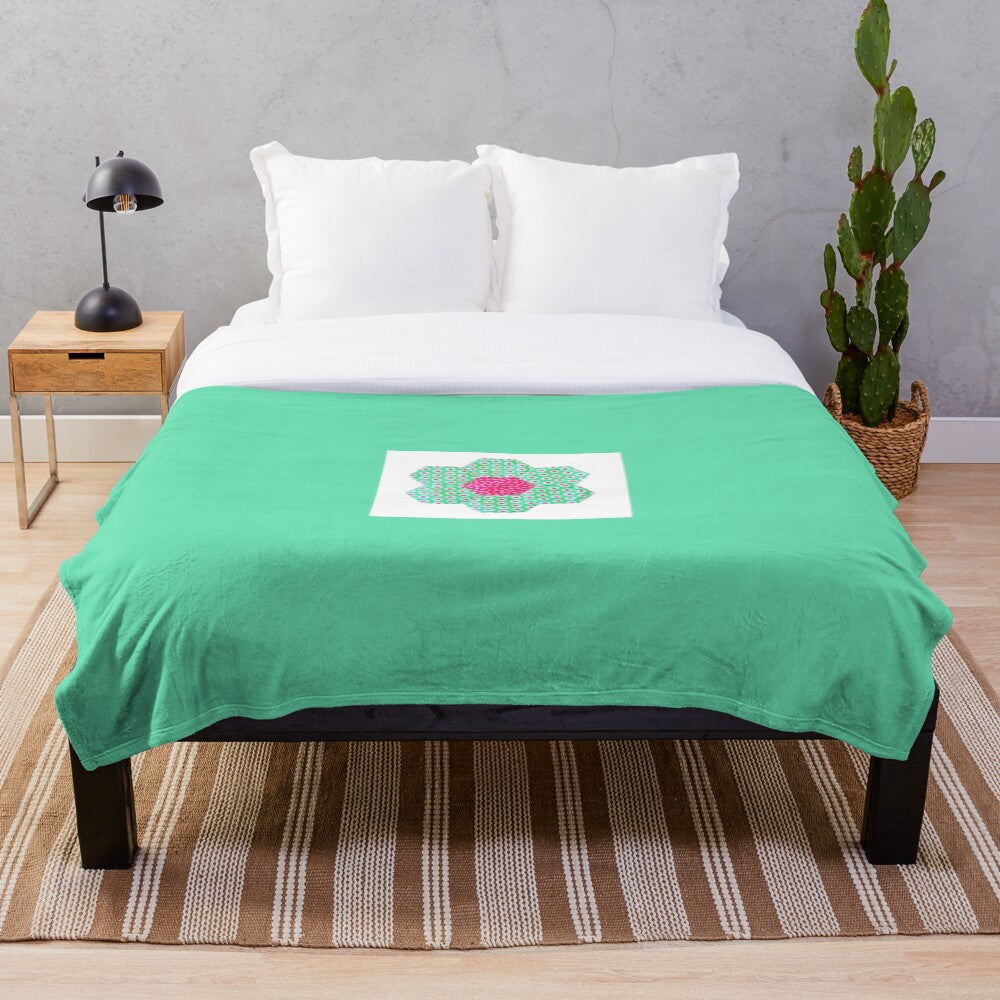 Throw Blanket - Green with Green Hexagon Flower Motif - 152 x 127 cm