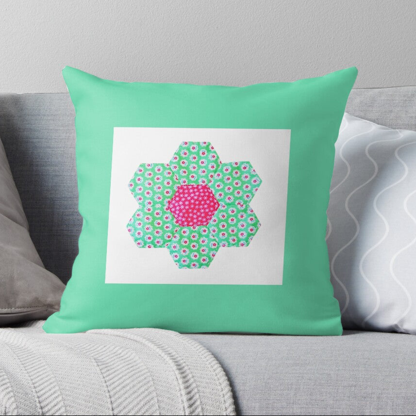 Cushion/Pillow Printed Green with Green Hexagon Flower Motif