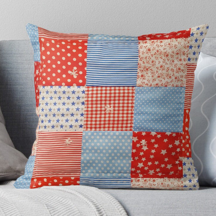 Cushion/Pillow with Red and Blue Patchwork Print
