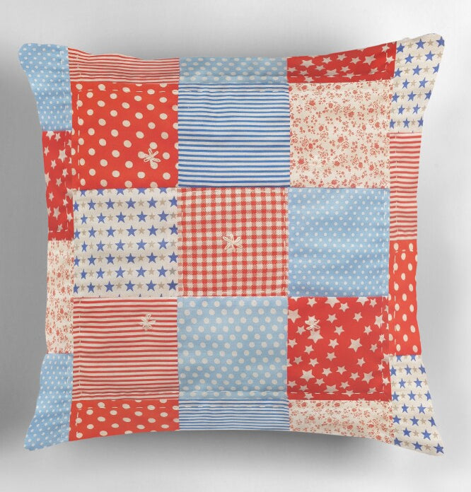 Cushion/Pillow with Red and Blue Patchwork Print